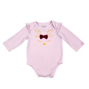 First Impressions Reindeer Bodysuit Girls Sz 0/3M Pink Gold Velvet Bow Christmas